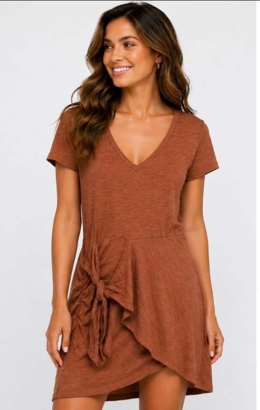 Monrow Supersoft V Dress Womens XS Dry Rose Short Sleeve Faux Wrap Side Tie CR60